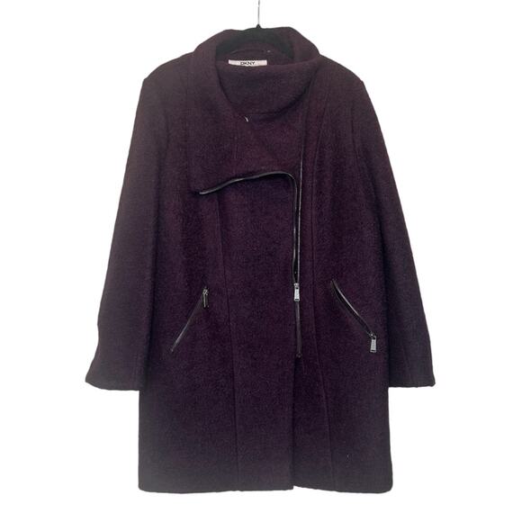 DKNY Purple Wool Blend Jacket Coat Shiraz Asymmetrical Zip Double Breasted Large - Picture 1 of 9